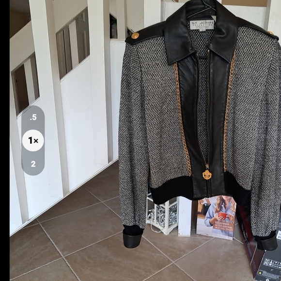 St John Collection Marie Grey Vintage Knit Short Jacket Leather trim sz S - Picture 12 of 13